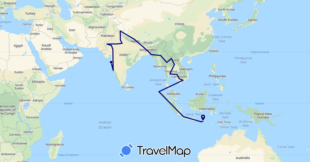 TravelMap itinerary: driving in Bangladesh, Indonesia, India, Cambodia, Laos, Myanmar (Burma), Nepal, Thailand, Vietnam (Asia)
